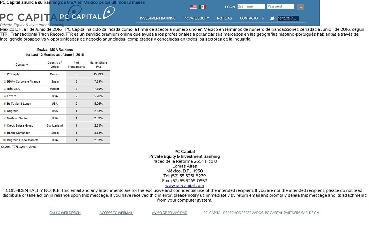 PC Capital anuncia su Ranking de M&A en Mxico de los ltimos 12 meses